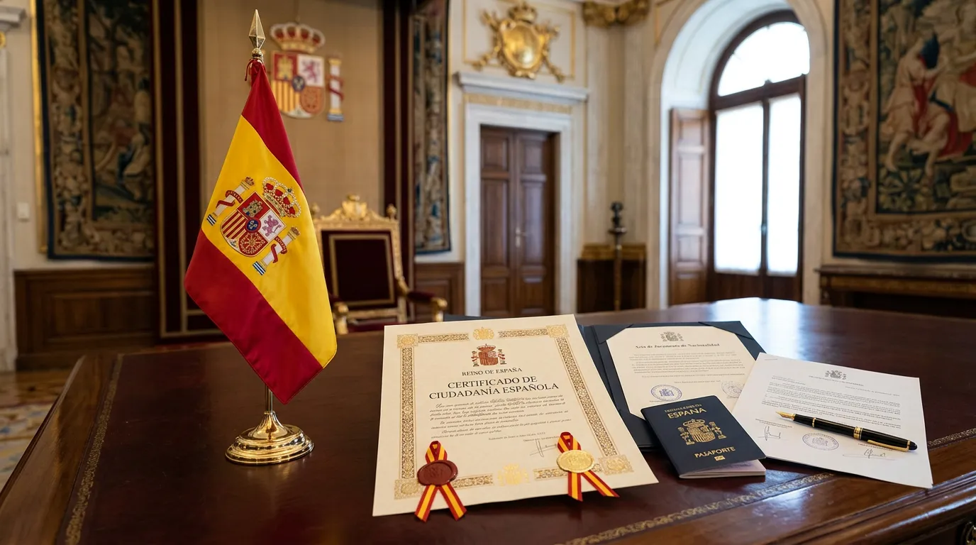 Spanish flag with formal citizenship documents and certificate on official desk, ceremonial government setting