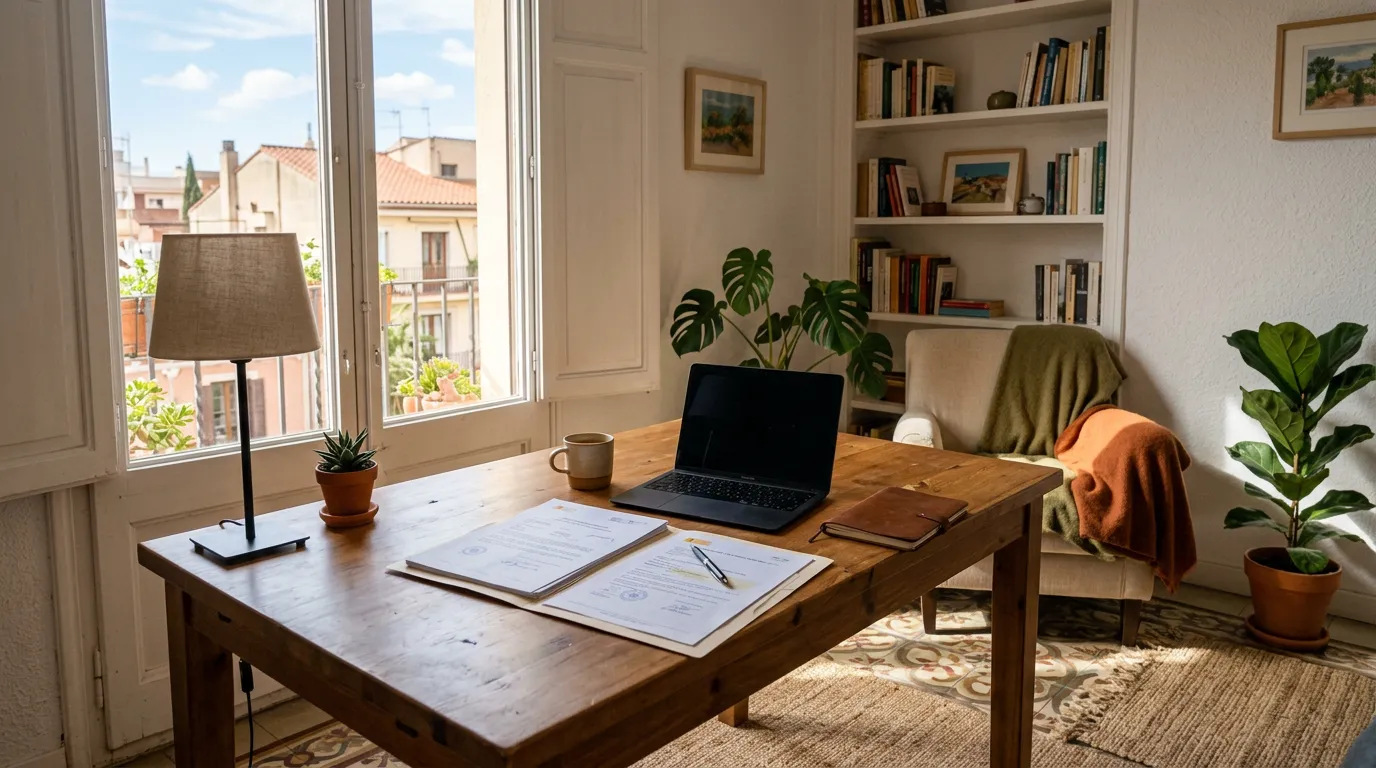 Comfortable Spanish apartment interior with natural light, showing residency documents on a desk, homey setting