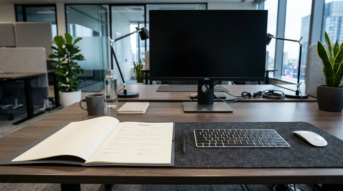 Modern office desk with employment contract papers, pen, and computer keyboard, professional business environment