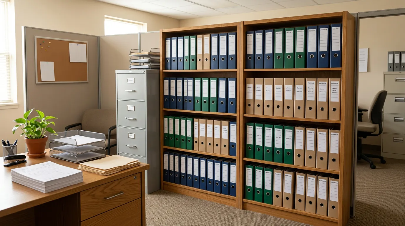 Legal documentation and official forms in orderly files, humanitarian office setting with supportive atmosphere