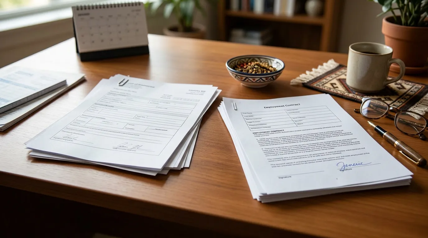 Community integration imagery with cultural elements, administrative documents showing residency proof and employment contracts