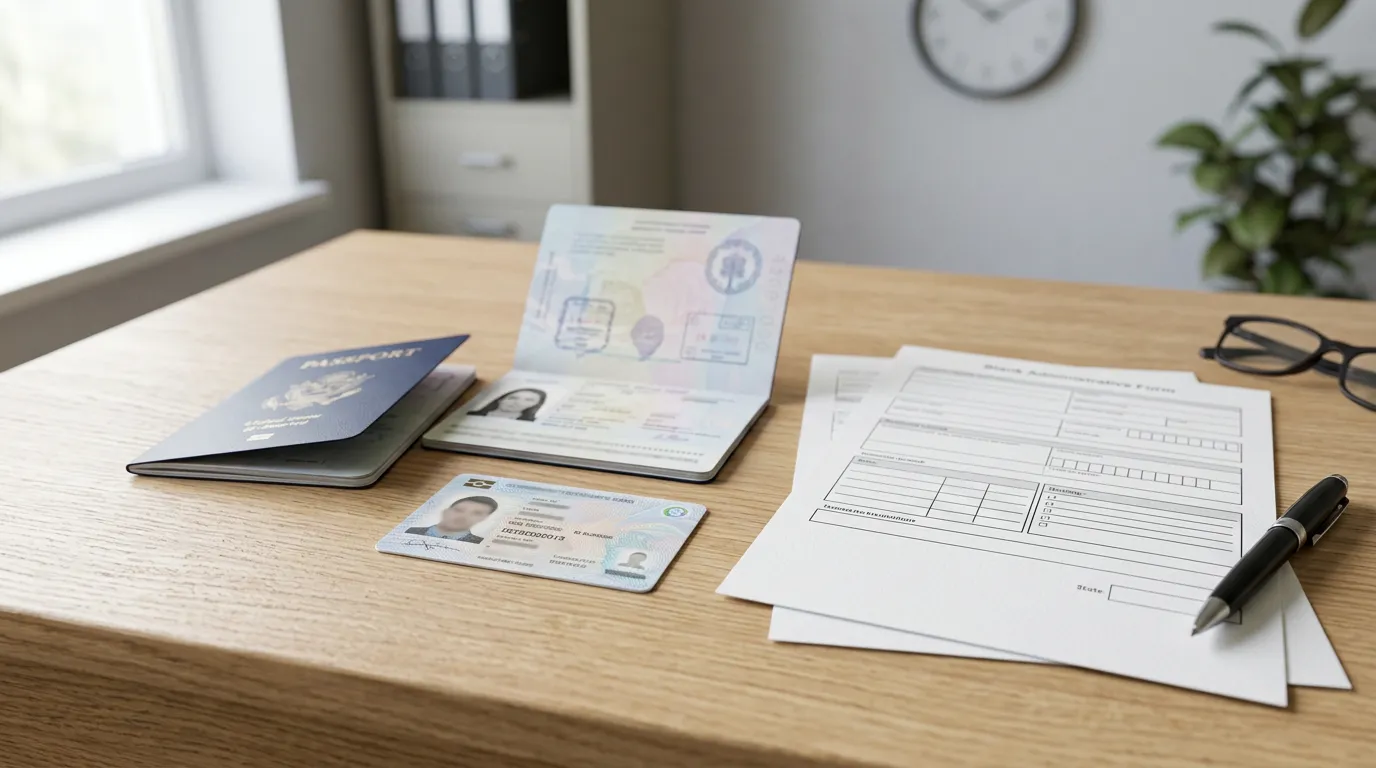 Official government identification card and passport on a clean desk with administrative forms, official document styling