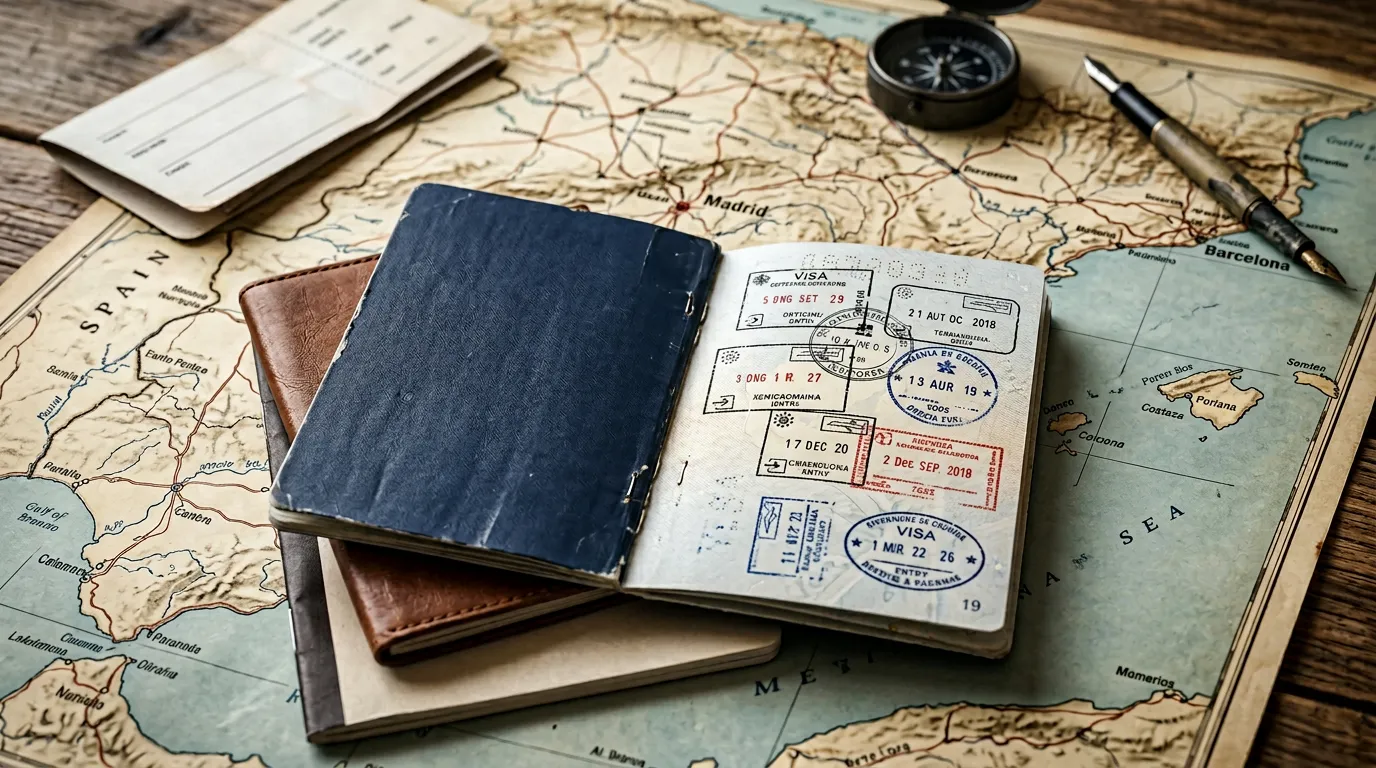 Passport with visa stamps open on travel documents, map of Spain in background, international travel theme